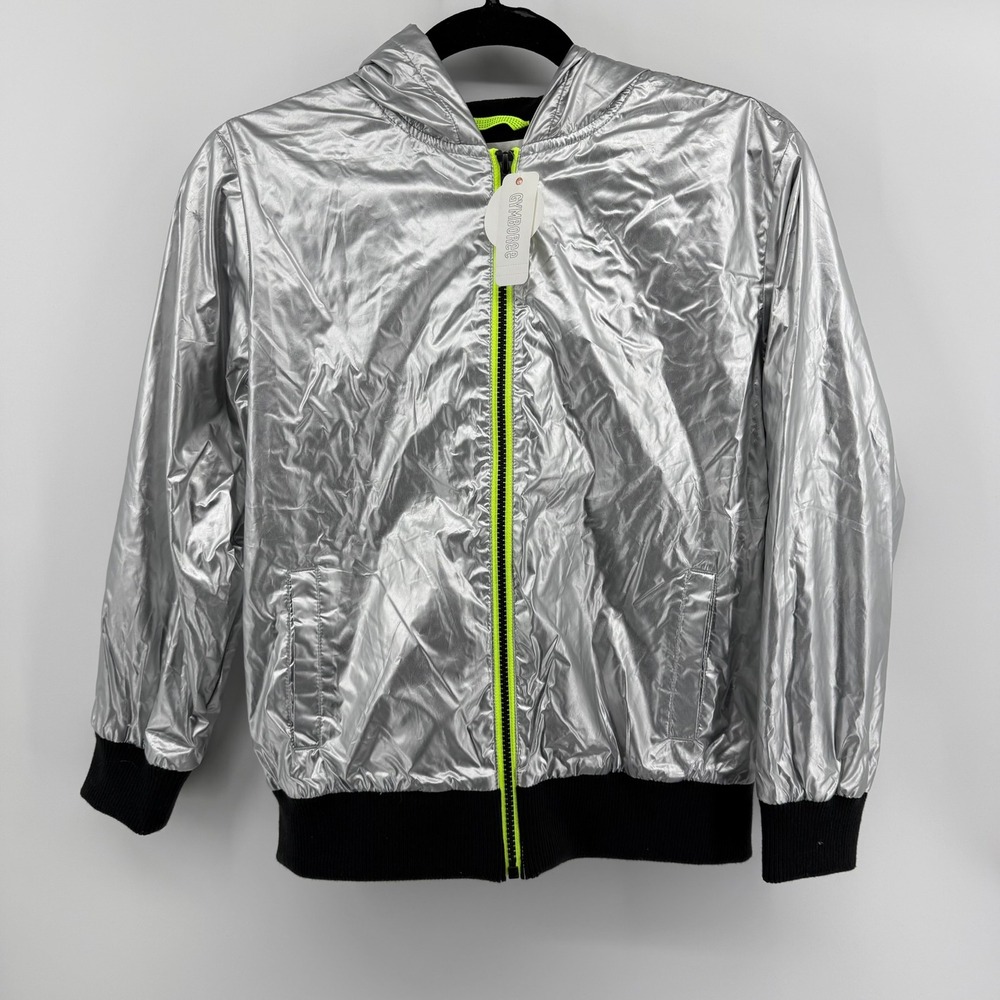 Gymboree Kids Metallic Silver Water Resistant Hooded Jacket Neon Zip L 10-12